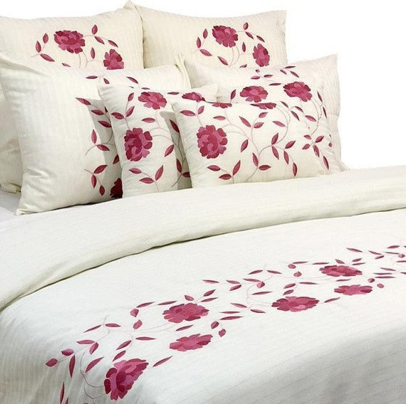 Queen Duvet Cover 8 Pc set in Ivory Self Stripe Cotton with Embroidery