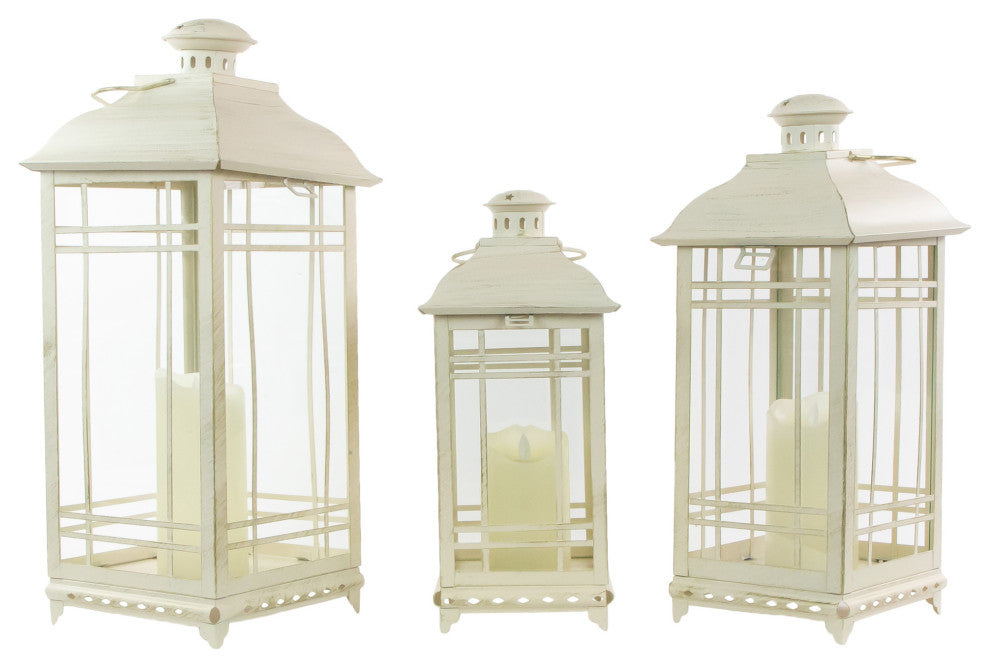 Set of 3 Cream Candle Lanterns with Brushed Gold Accents 19.5"