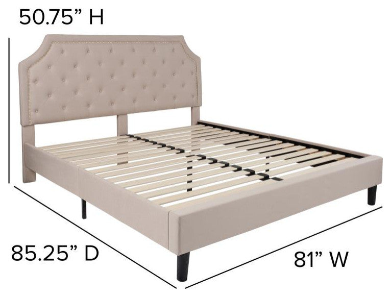Roxbury Upholstered Platform Bed -10 Inch Foam & Pocket Spring Mattress, Beige With Nail Trim, King