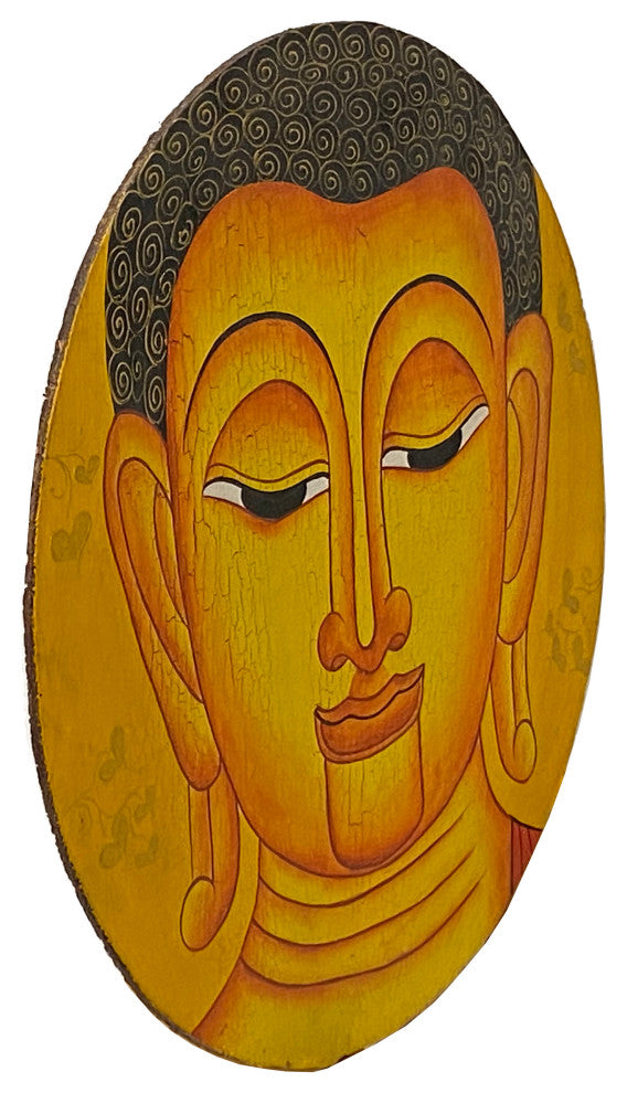 Round Golden Yellow Buddha Head Graphic Wood Art Plaque Panel Hws3216