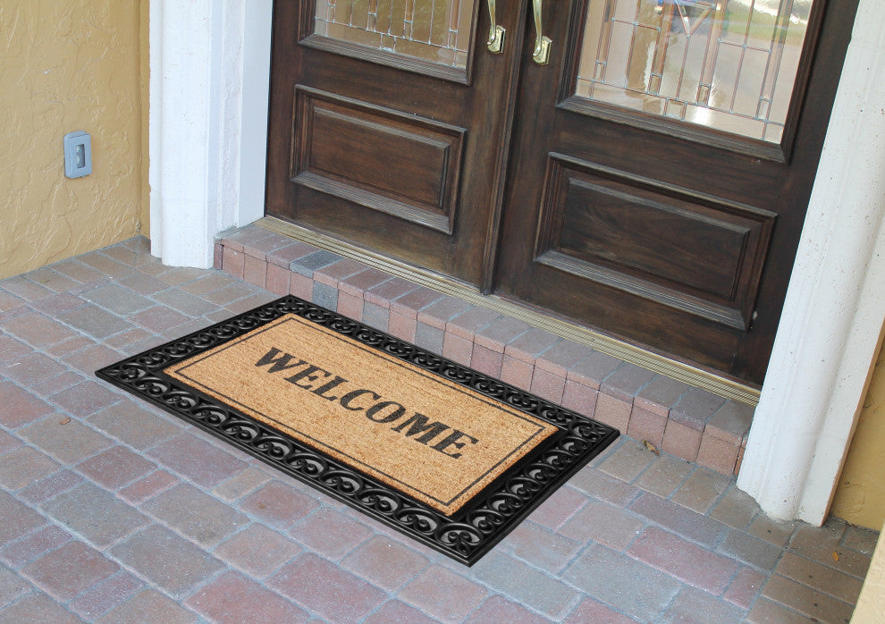A1HC Rubber and Coir Welcome Paisley Border Double Door Doormat 30"x48", Black