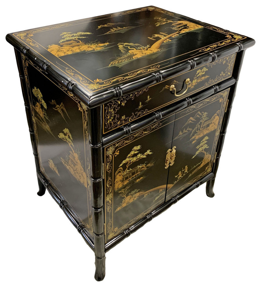 Oriental Bamboo Shoe Cabinet Landscape Painted, 18"