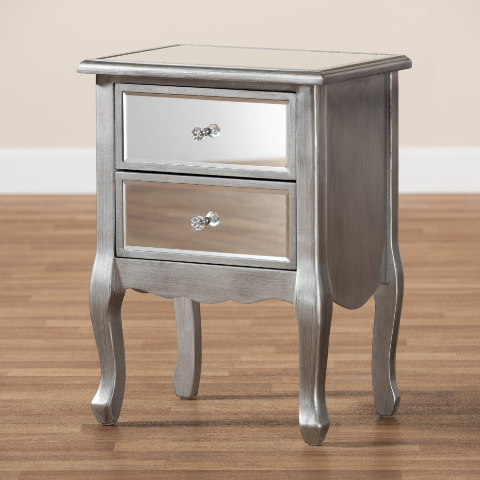Leonie Modern Brushed Silver Finish Wood and Mirrored Glass 2-Drawer Nightstand