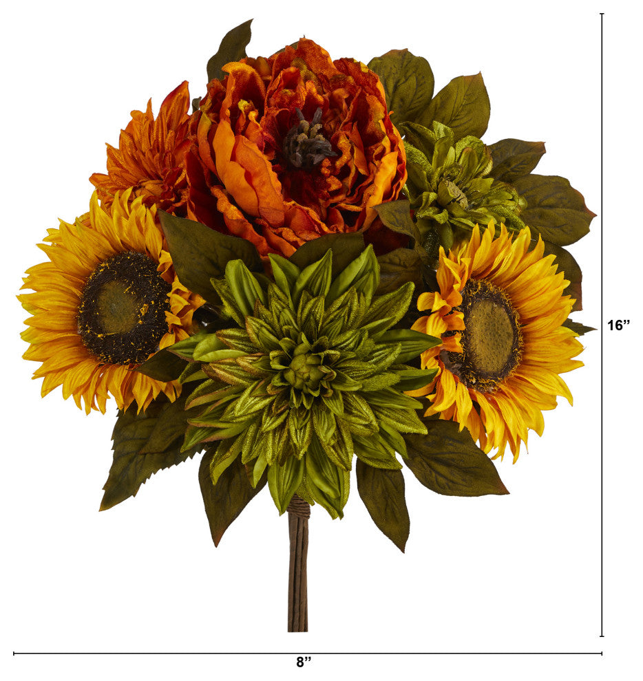 16" Peony, Dahlia and Sunflower Artificial Flower Bouquet, Set of 2