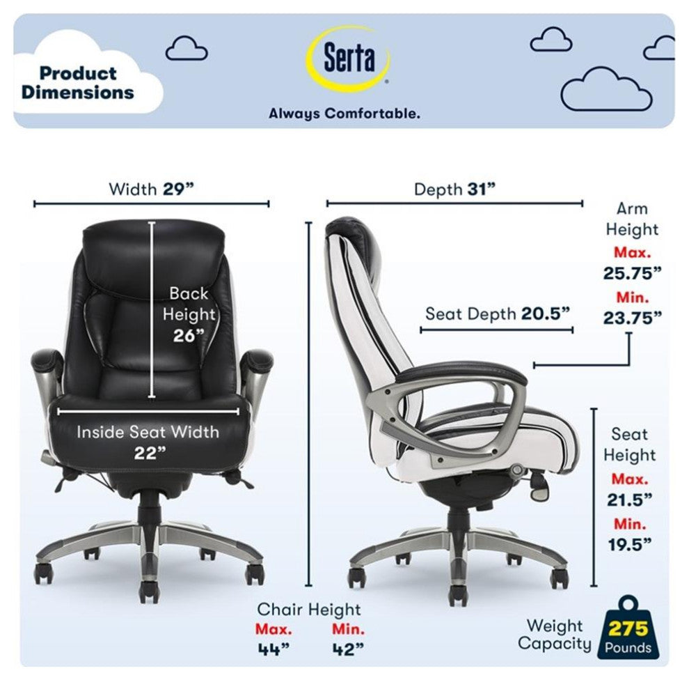 Serta Lautner Executive Office Chair Black Bonded Faux Leather and White Mesh