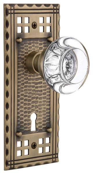 Single Craftsman Plate With Round Clear Crystal Knob, Antique Brass