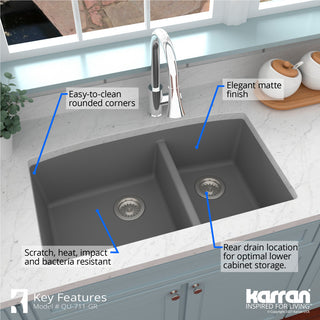 Karran Undermount Quartz 32" 60/40 Double Bowl Kitchen Sink Kit, Grey