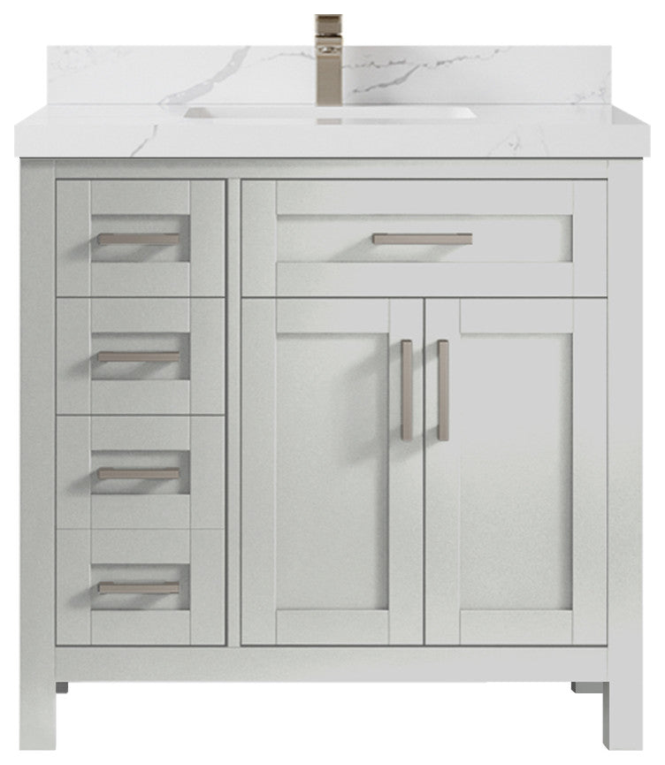 Cambridge 36 Center Sink Bath Vanity in Coventry Gray 2" Calacatta Laza