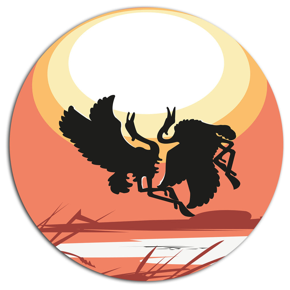 Birds At Sunset Vector Drawing, Abstract Round Wall Art, 36"