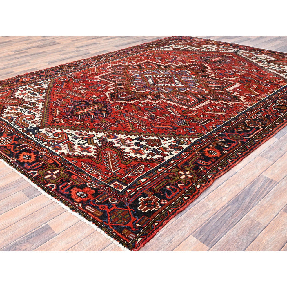 Crimson Red, Hand Knotted, Vintage Persian Heriz, Pure Wool Rug, 7'10"x11'