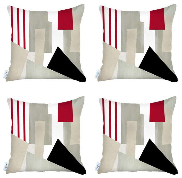 Set of 4 Red and Ivory Printed Pillow Covers