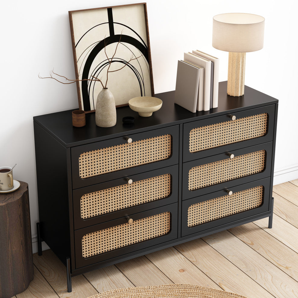 Gewnee Modern Cannage Rattan Wood Closet 6-Drawer Dresser Wood Storage Cabinet, Black