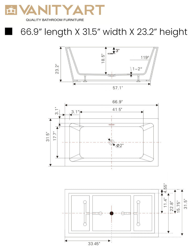 Freestanding Acrylic Bathtub, White/Integrated Overflow, L, 67"