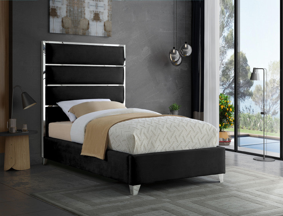 Zuma Velvet Upholstered Bed, Black, Twin