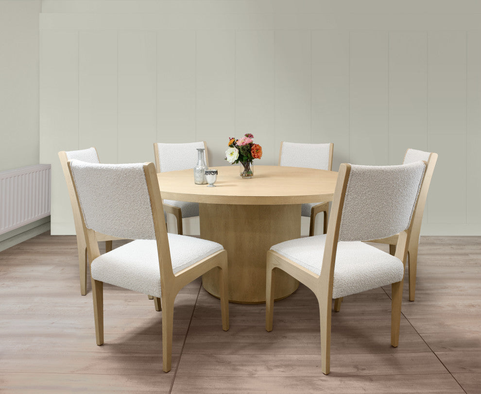 Flagstaff 7-Piece 60" Round Dining Set With 6 Ash Boucle Chairs in Ivory