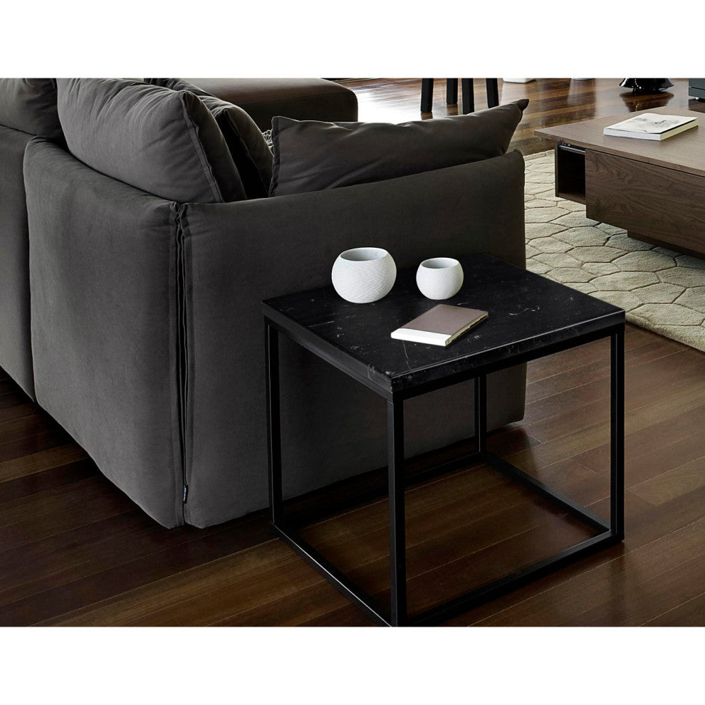 Modern Square Marble & Metal Side Table, Black Marble/Black Legs