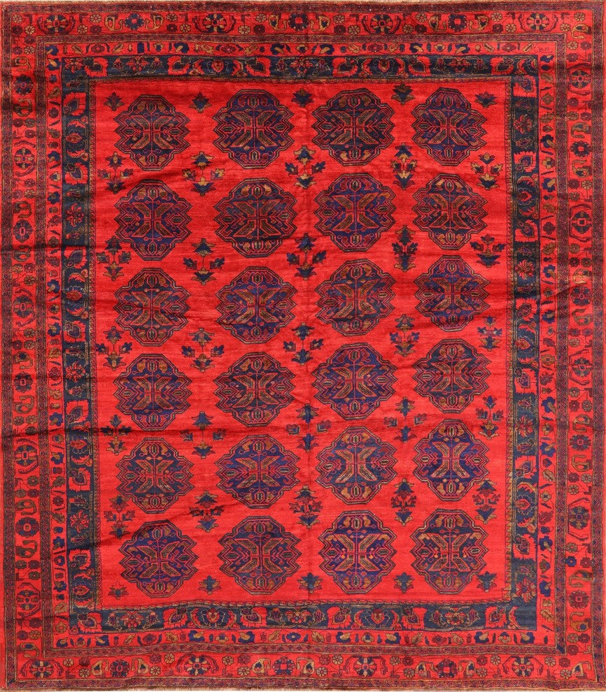 Red Afghan Bokhara Hand-Knotted Oriental Wool Rug, 11'x12'
