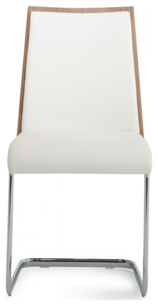 Set of 2 Modern White Faux Leather and Walnut Finish Dining Chairs