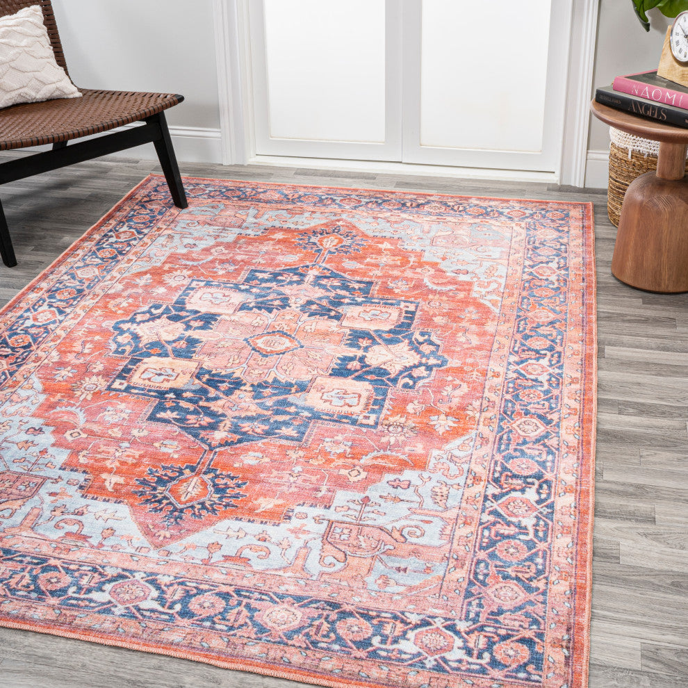 Maris Ornate Medallion Machine Washable Indoor Area Rug, Orange/Cream, 5 X 8