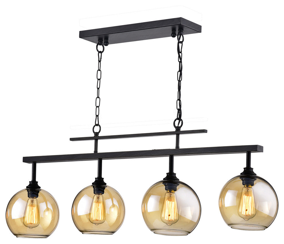 4-Light Antique Black Linear Kitchen Island Chandelier With Amber Glass Sconces