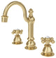 Classic Hook Widespread Deck Mount Lavatory Faucets and Pop-Up Drain, Satin Gold