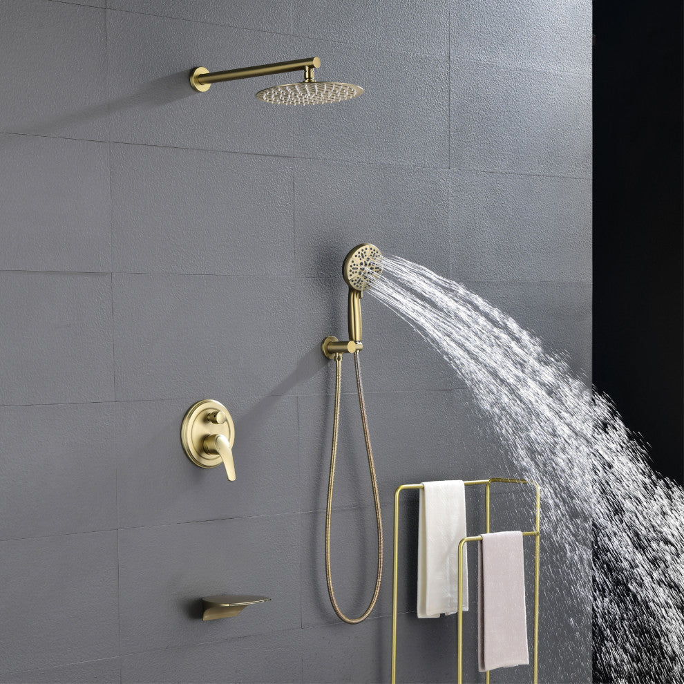 Wellfor Shower Faucet Set, 10" Ceiling Shower Head, Handheld Shower, Tub Spout, Brushed Gold