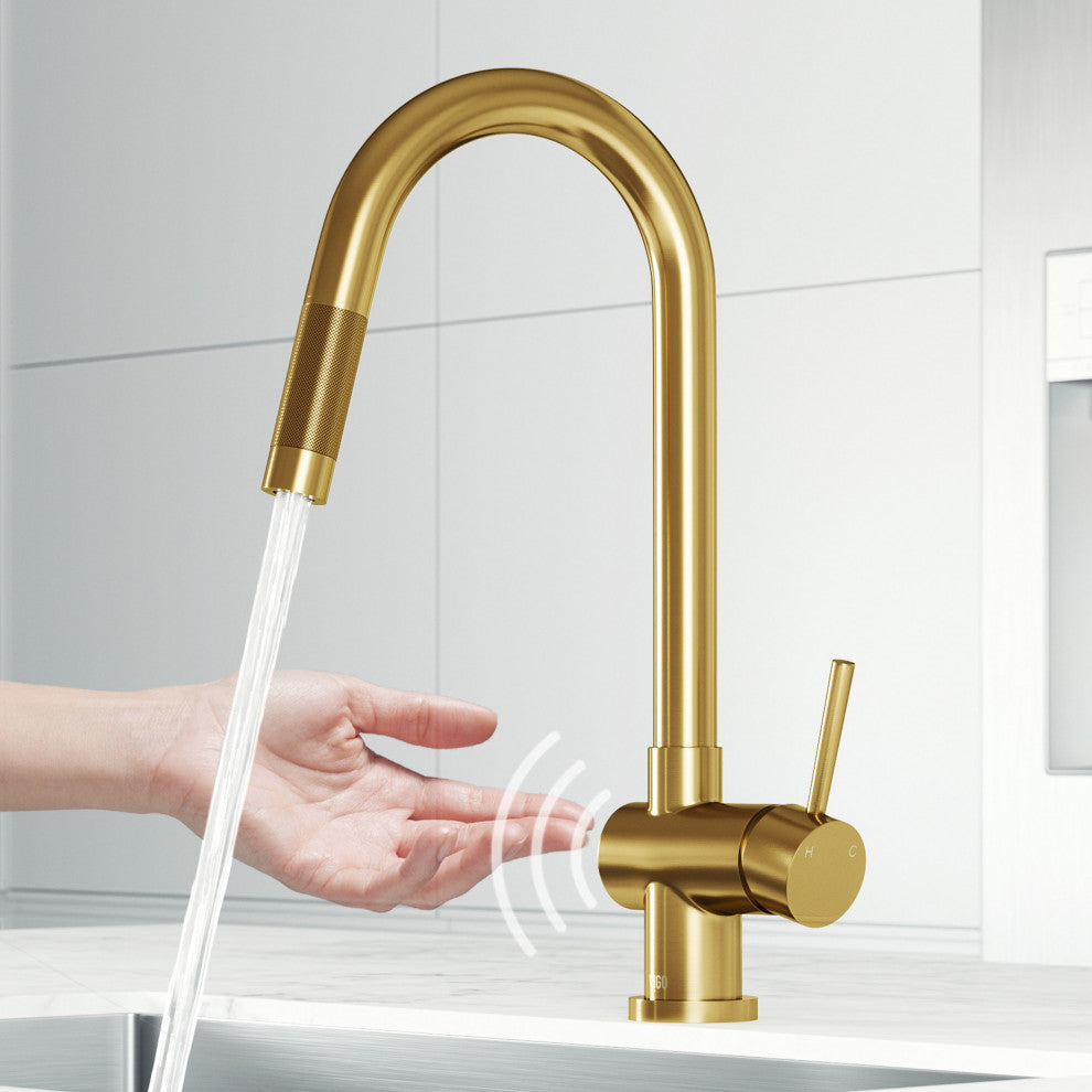 VIGO Gramercy 17" H Single Handle Pull-Down Sprayer Kitchen Faucet, Matte Brushed Gold, Touchless, Without Extras
