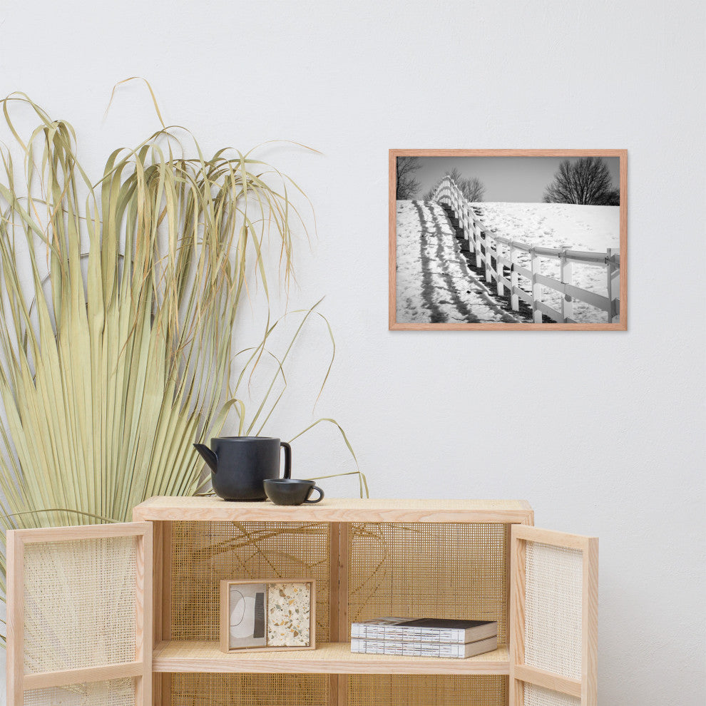 Endless Fences in Black & White Rural Landscape Framed Photo Paper Art Prints, Red Oak, 18" X 24"