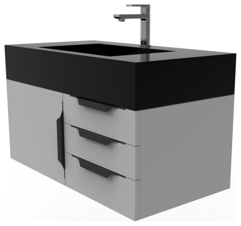 CastelloUSA Nile 36" Wall Mounted Vanity Set, Gray, Black Top, Black Handles