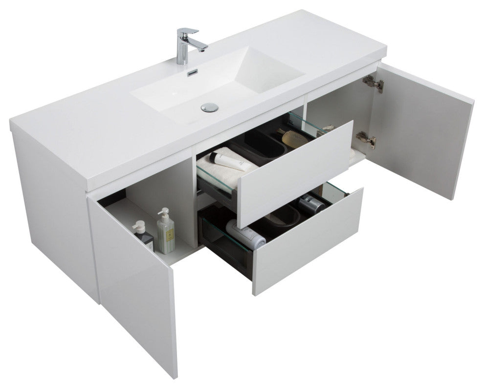 Aurora Wall Mount Vanity, White Acrylic Top, Glossy Polar White, 60"