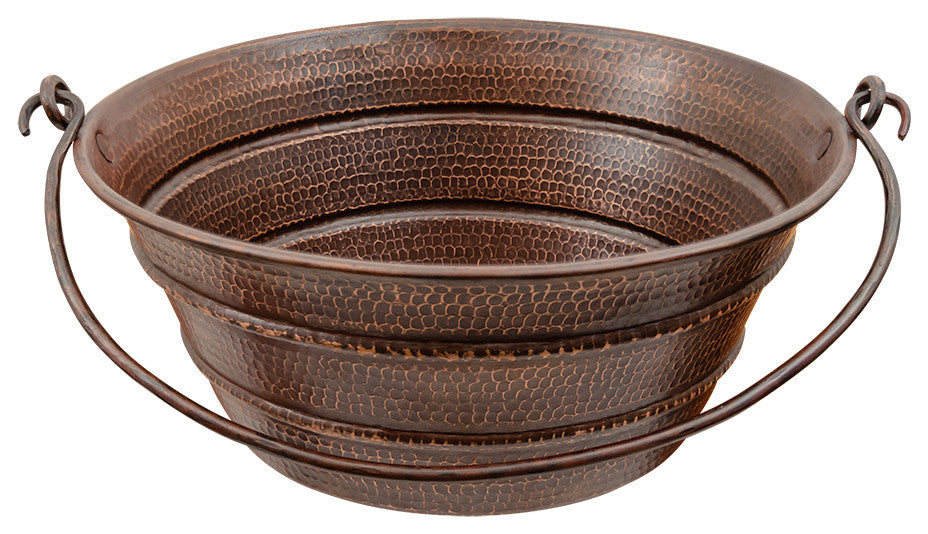16" Round Bucket Vessel Hammered Copper Sink With Handles
