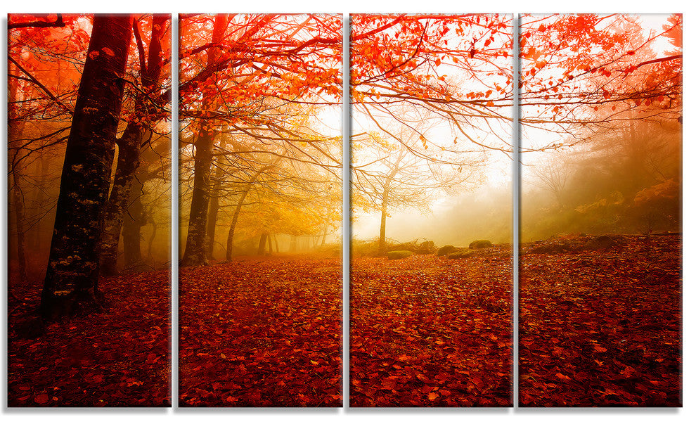 "Yellow Sun Rays in Red Forest" Landscape Canvas Photo Print, 4 Panels, 48"x28"