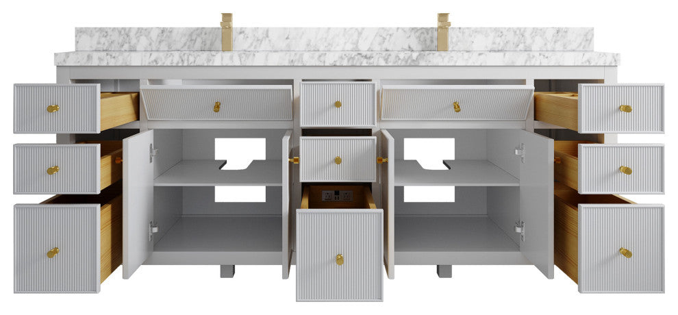 Sonoma 84 Double Sink Reeded Bath Vanity in White 2" Carrara Marble