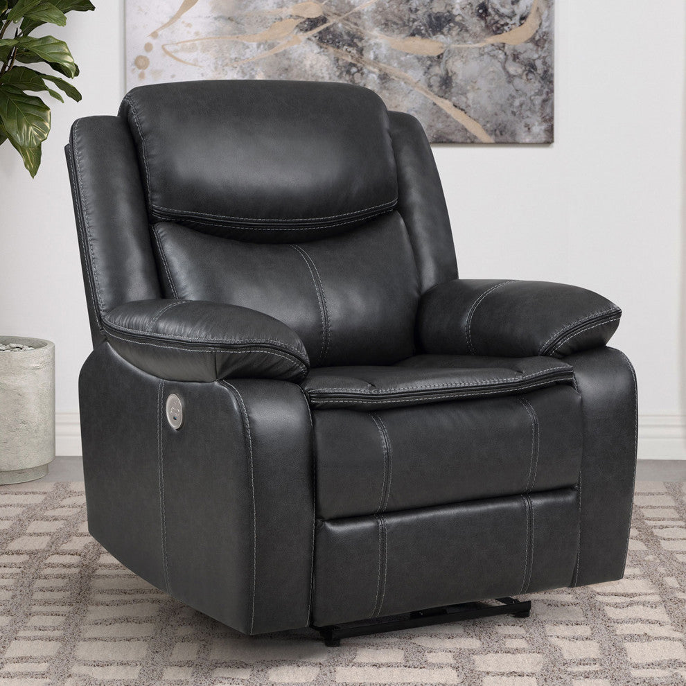 Faux Leather Power Recliner Chair With USB Port, Dark Gray