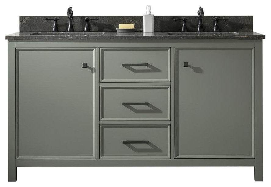 60" Double Sink Vanity Cabinet, Carrara White Top, Pewter Green