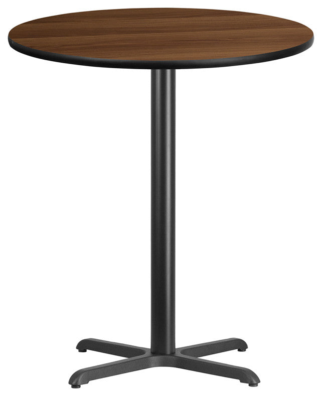 36'' Round Walnut Laminate Table Top with 30'' x 30'' Bar Height Table Base