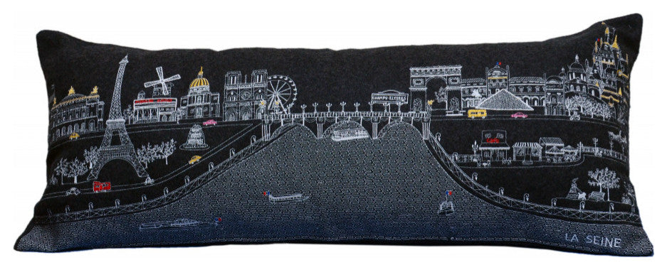 35" Black Paris Nighttime Skyline Standard Lumbar Decorative Pillow