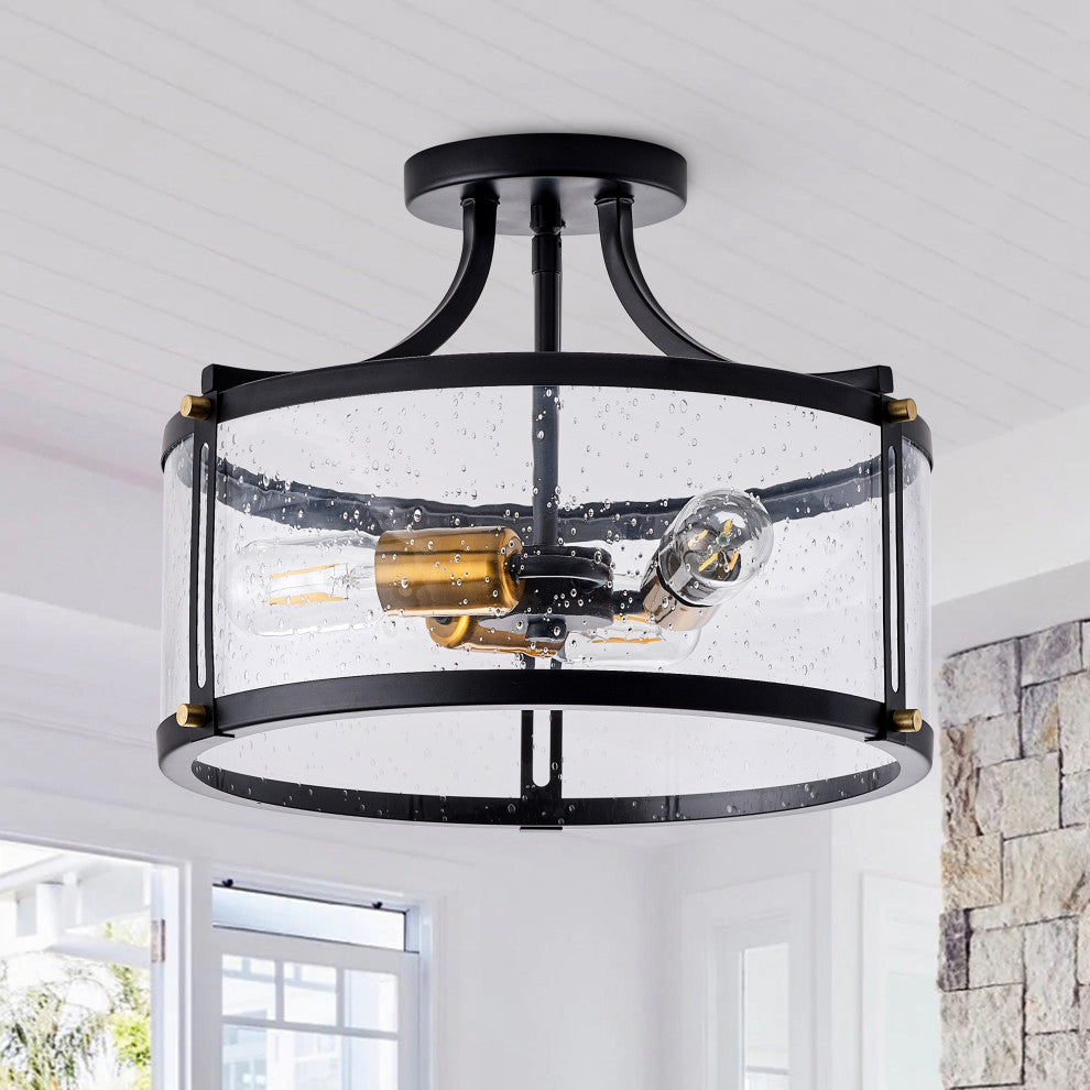 Farmhouse Matte Black 3-Light Seeded Glass Semi Flush Mount Ceiling Light