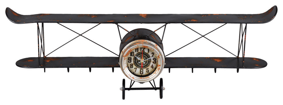 Utopia Alley Biplane Wall Clock, Distressed Antiqued Vintage Finish, Black