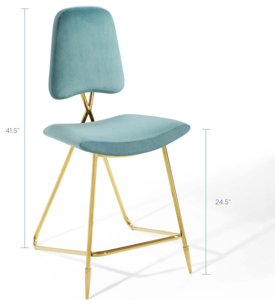 Counter Stool Chair, Set of 2, Velvet, Metal, Blue, Modern, Bar Pub Cafe Bistro