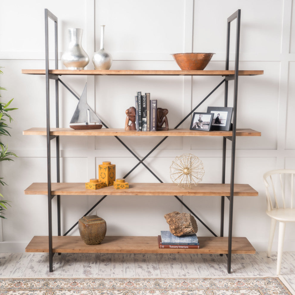 Elizabeth Industrial 4 Shelf Firwood Bookcase, Antique Natural, 17.00" Depth