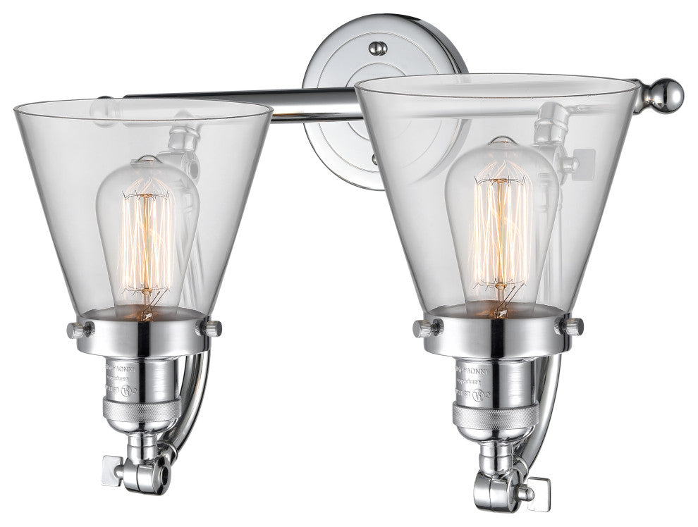 2-Light Small Cone 18" Bath Fixture, Polished Chrome, Glass: Clear
