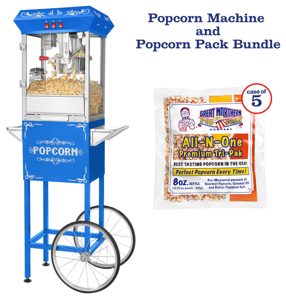 Popcorn Machine with Cart and 5-Pack of Kernels 8oz Popper