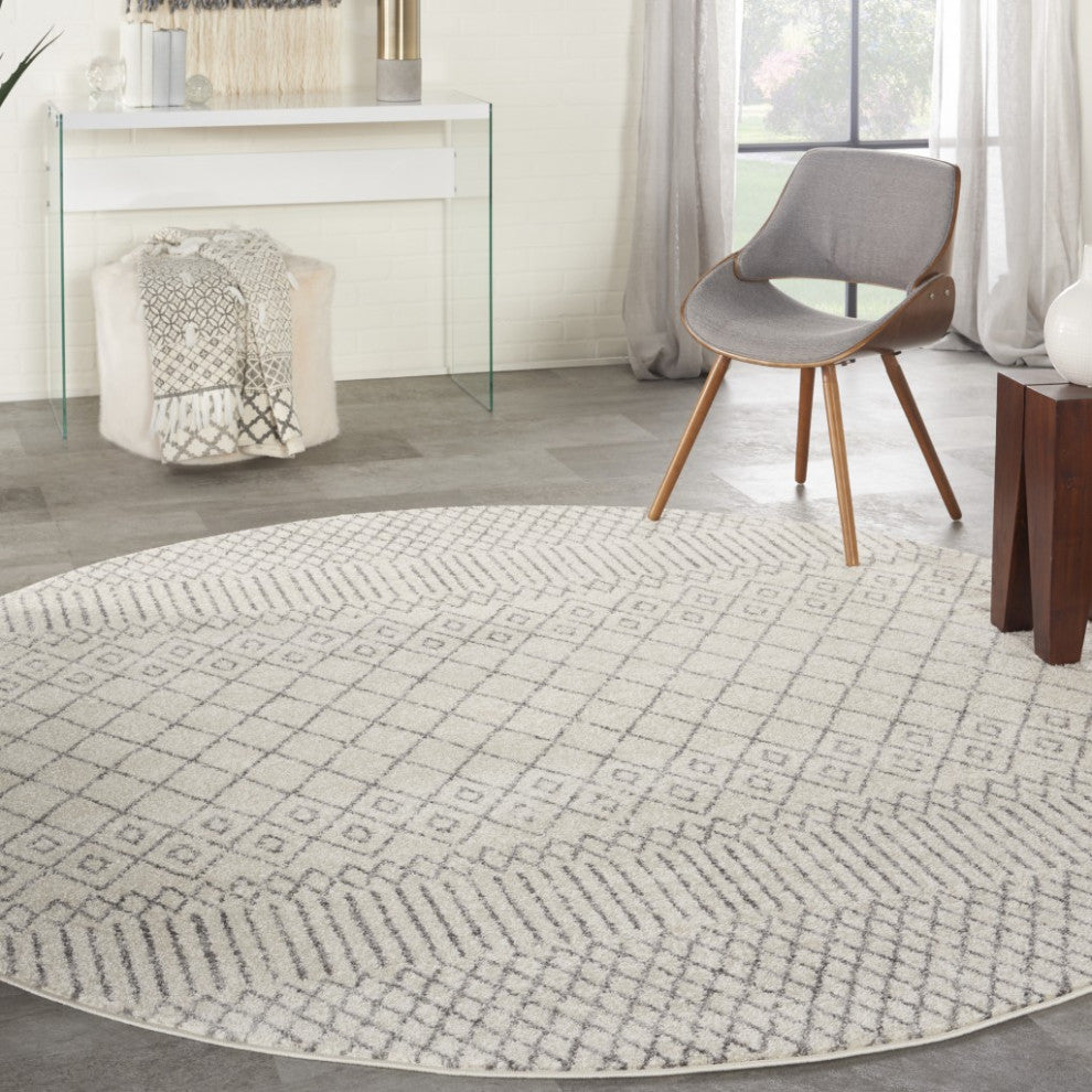 8" Round Ivory and Gray Geometric Area Rug