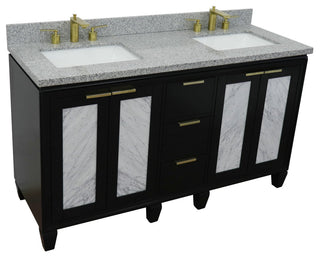 61" Double Sink Vanity, Black Finish With Gray Granite And Rectangle Sink