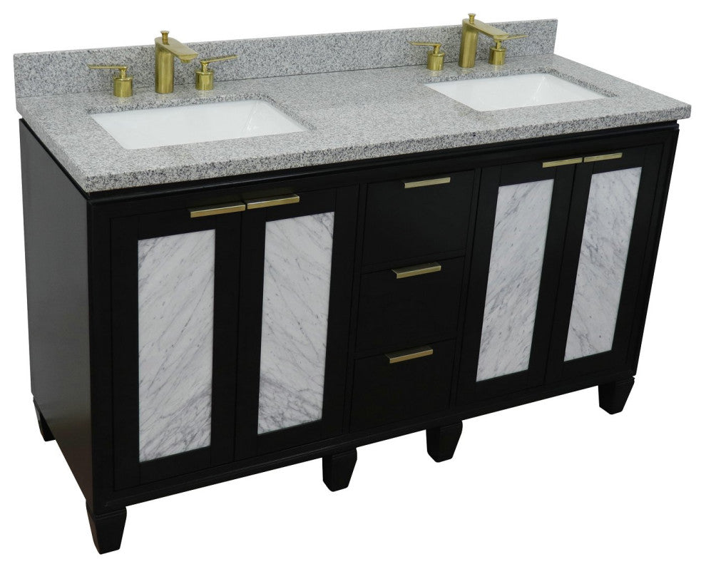61" Double Sink Vanity, Black Finish With Gray Granite And Rectangle Sink