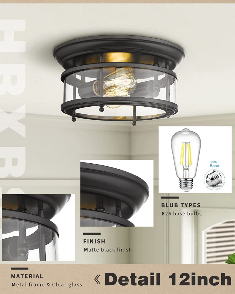 2 Light Ceiling Light, Industrial, Flush Mount Ceiling Lamp, Glass Shade