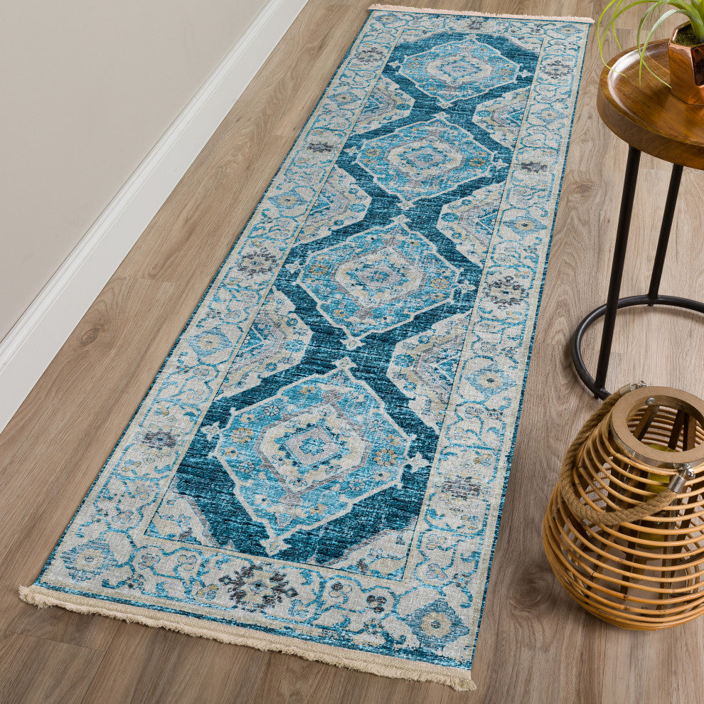 Indoor/Outdoor Marbella MB1 Indigo Machine Washable 2'3" x 10' Runner Rug