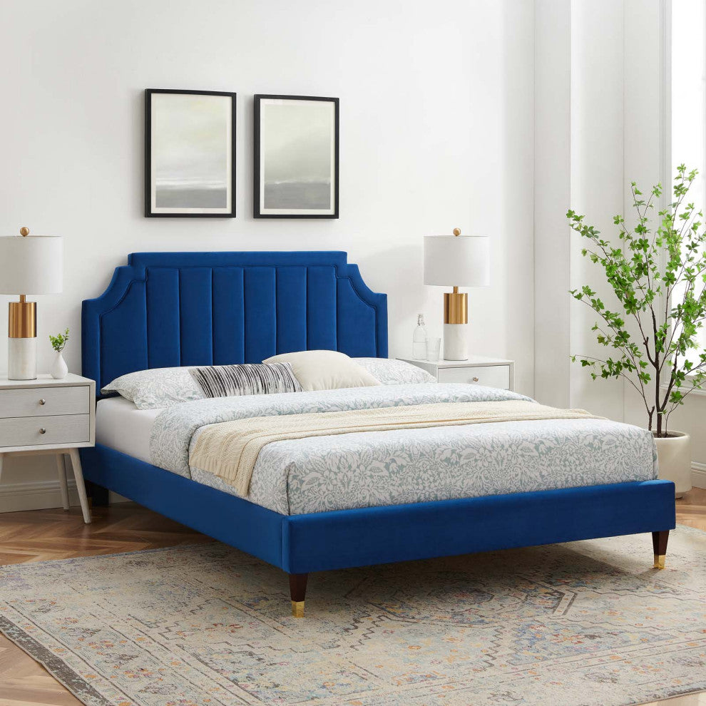 Platform Bed Frame, King Size, Velvet, Blue Navy, Modern Contemporary, Bedroom