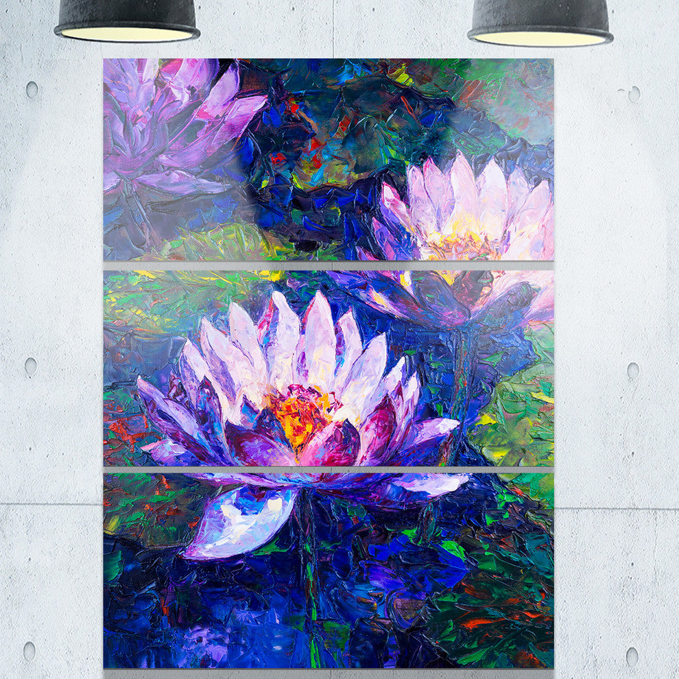 "Blue Lotus Oil Painting" Glossy Metal Wall Art, 3 Panels, 28"x36"